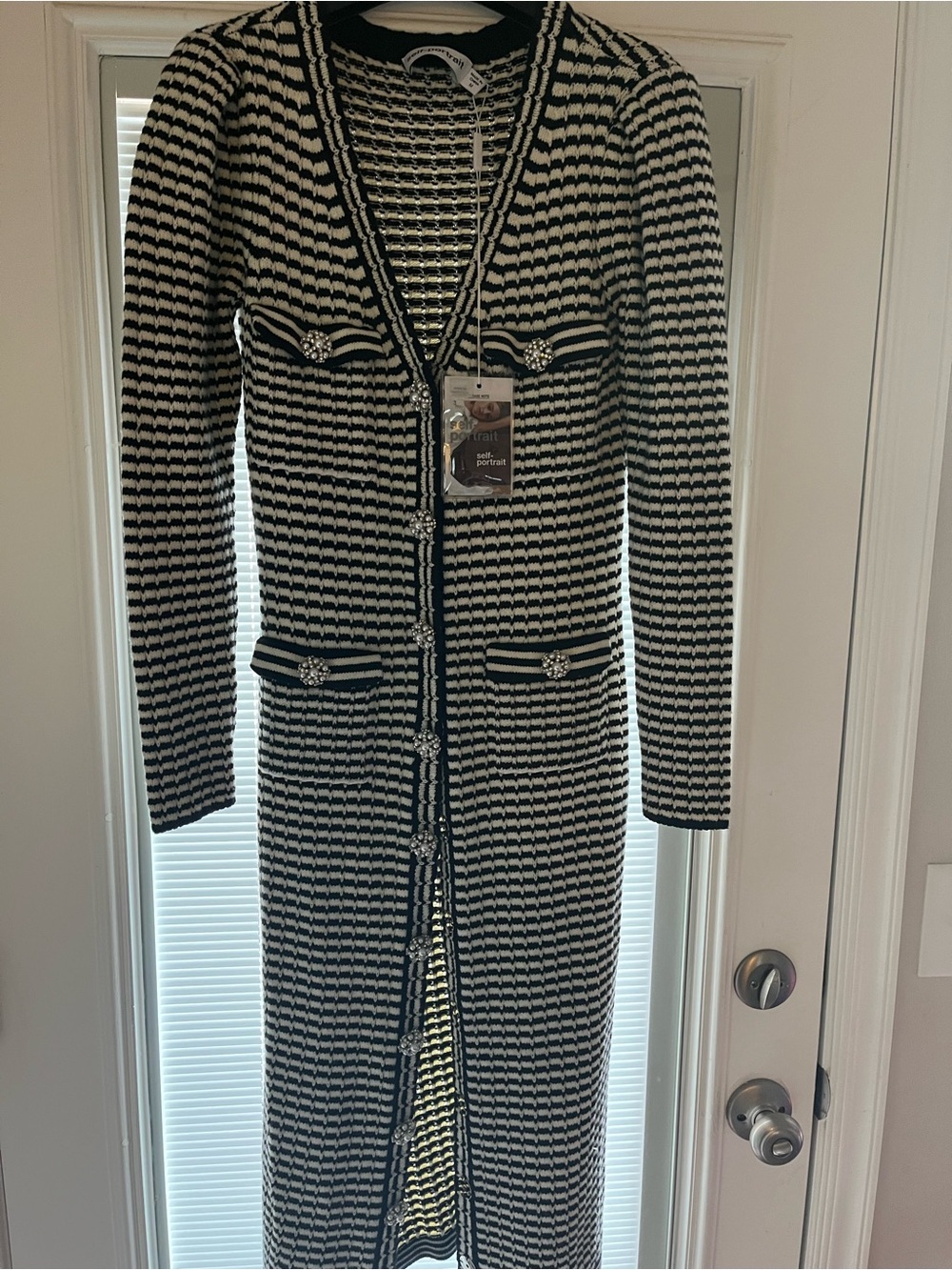 Self portrait black& White Long Knit Cardigan with Jewel Buttons